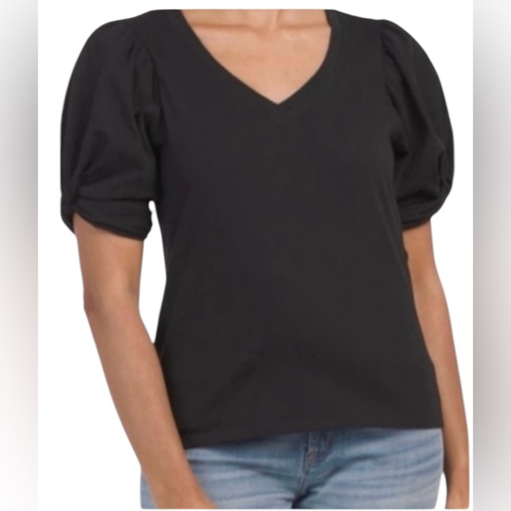 7 For All Mankind women’s Medium black v-neck puffed short sleeve cotton shirt